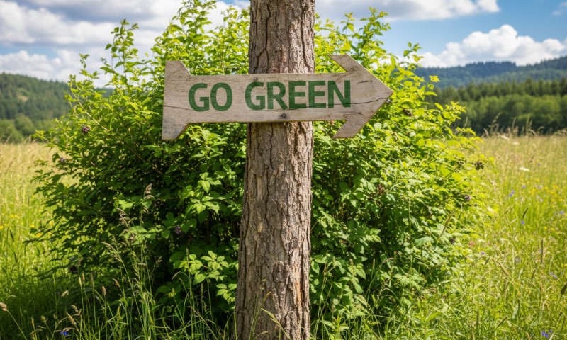 Drveni znak u obliku strelice sa natpisom "GO GREEN" zakačen za stablo