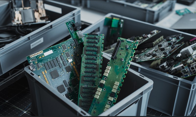 Plastične kutije pune elektronskih ploča i RAM memorija spremnih za reciklažu.