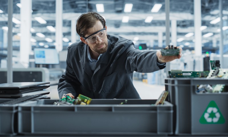 Radnik u zaštitnoj opremi razdvaja elektronske ploče u postrojenju za reciklažu e-otpada.